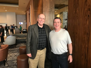 College Football Executive Director Bill Hancock and Chris Farrow connect in one of the San Antonio hotels. Chris met Bill during the 1996-97 college academic year while both worked at the NCAA in Overland Park, KS