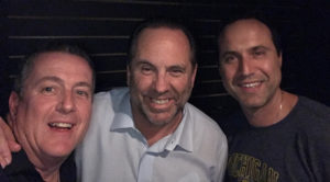 Chris Farrow, Notre Dame men's basketball coach Mike Brey and Ross Mobile Productions President Mitch Rubenstein share a laugh in San Antonio