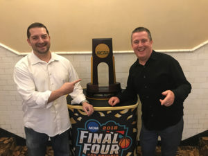The voice of the Men's Final Four pressers, Mark Fratto, connects with Chris Farrow at the media party